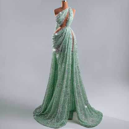 Ornate One Shoulder Cutout Crystals Evening Dress Lace Sequins Sheath High Slit Prom Dress AP6398