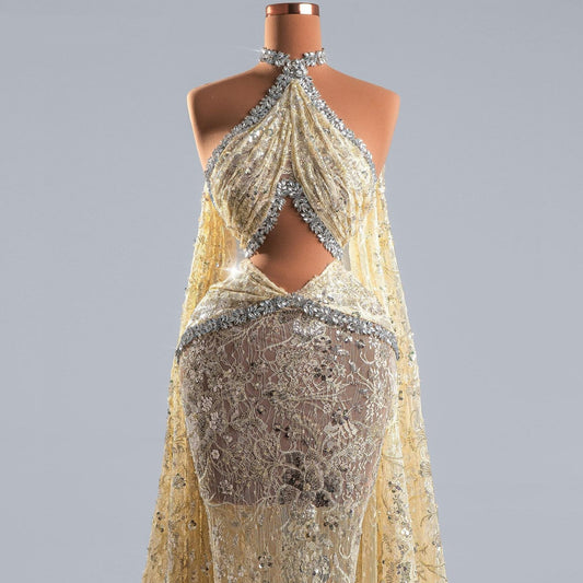 Fabulous Sheath Crystals Evening Gowns Halter Neck Lace Sequins Prom Dress AP6399