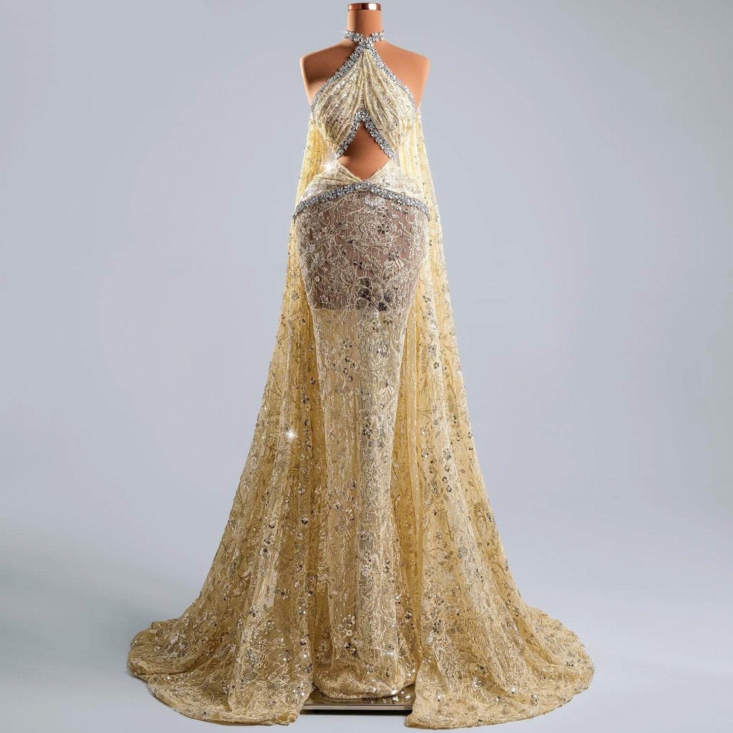 Fabulous Sheath Crystals Evening Gowns Halter Neck Lace Sequins Prom Dress AP6399