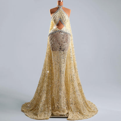 Fabulous Sheath Crystals Evening Gowns Halter Neck Lace Sequins Prom Dress AP6399
