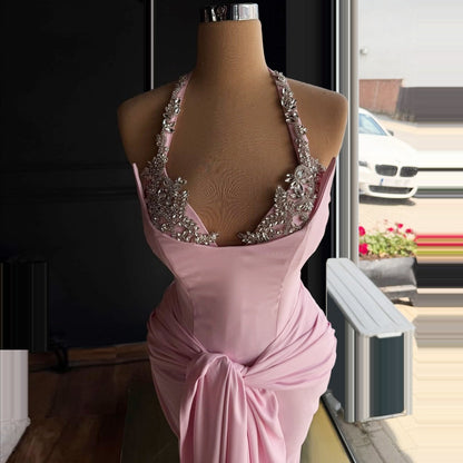 Chic Sheath Pink Evening Gowns Halter Neck Beading Prom Dress AP6400