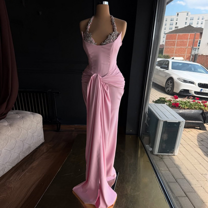 Chic Sheath Pink Evening Gowns Halter Neck Beading Prom Dress AP6400