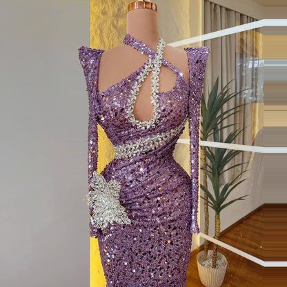 Luxurious Long Sleeve Halter Neck Evening Mermaid Dress Sequins Crystals Prom Dress AP6401