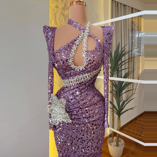 Luxurious Long Sleeve Halter Neck Evening Mermaid Dress Sequins Crystals Prom Dress AP6401