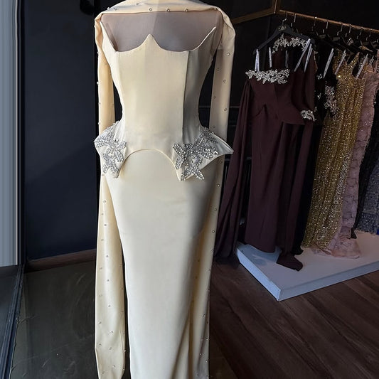 Luxury Strapless Sheath Bridal Gowns With Scarf Beading Satin Wedding Dress AP6402