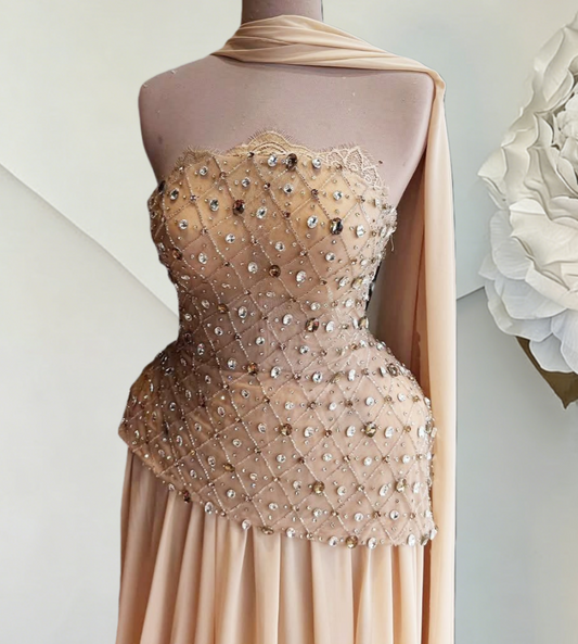 Graceful Sheath Strapless Evening Dresses Crystals Slit Prom Dress AP6403