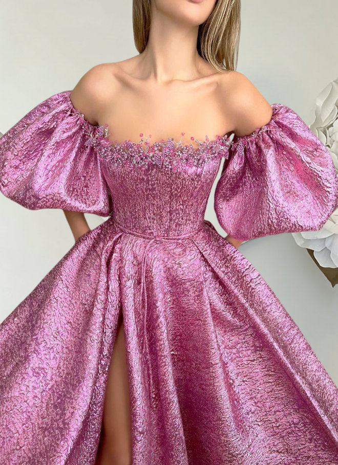 Elegant Off-Shoulder A-Line Sweet 16th Dresses Beads High Slit Prom Dress AP6404