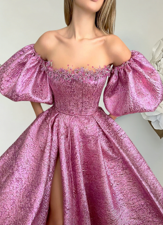 Elegant Off-Shoulder A-Line Sweet 16th Dresses Beads High Slit Prom Dress AP6404