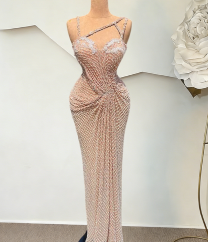 Classical Sheath Spaghetti Strap Evening Dress Beading Gathered Prom Dress AP6405