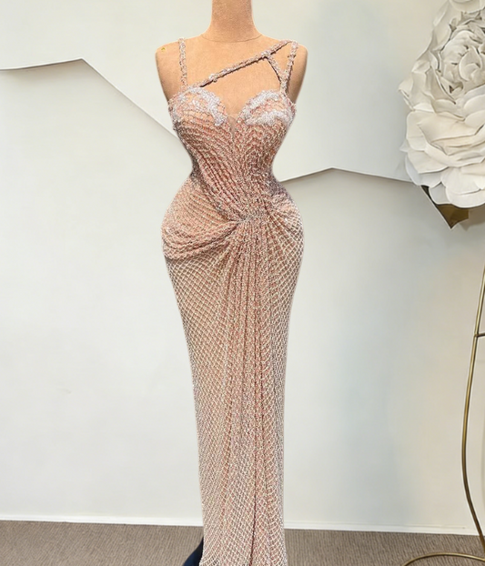 Classical Sheath Spaghetti Strap Evening Dress Beading Gathered Prom Dress AP6405