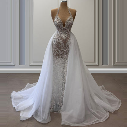 Artistic Halter Neck A-Line Bridal Dress Appliques Sequins Wedding Dress AP6408