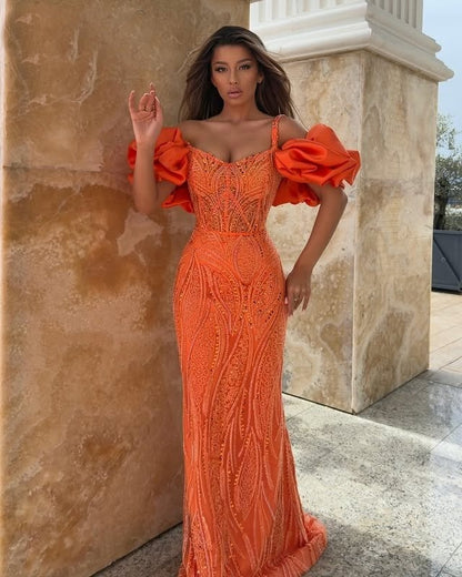 Vintage Off-Shoulder Sheath Evening Dresses Sequins Orange Prom Dress AP6409