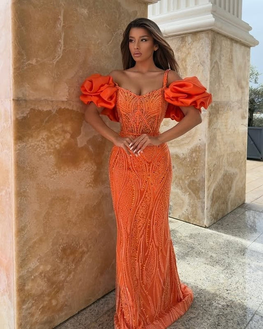 Vintage Off-Shoulder Sheath Evening Dresses Sequins Orange Prom Dress AP6409