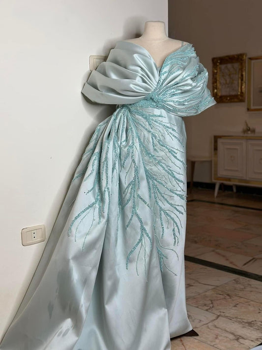 Voluminous Off-Shoulder A-Line Sweet 16th Dresses Sequins Satin Prom Dress AP6411