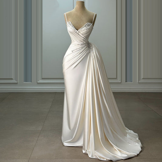 Gorgeous Spaghetti Strap Beading Sheath Bridal Gowns Pleated Satin Wedding Dress AP6414