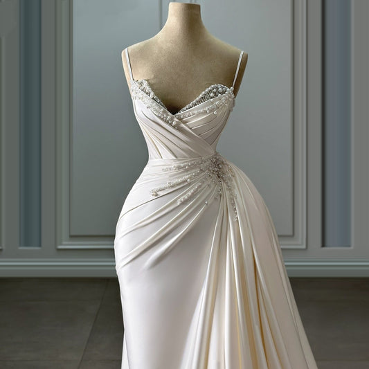 Gorgeous Spaghetti Strap Beading Sheath Bridal Gowns Pleated Satin Wedding Dress AP6414