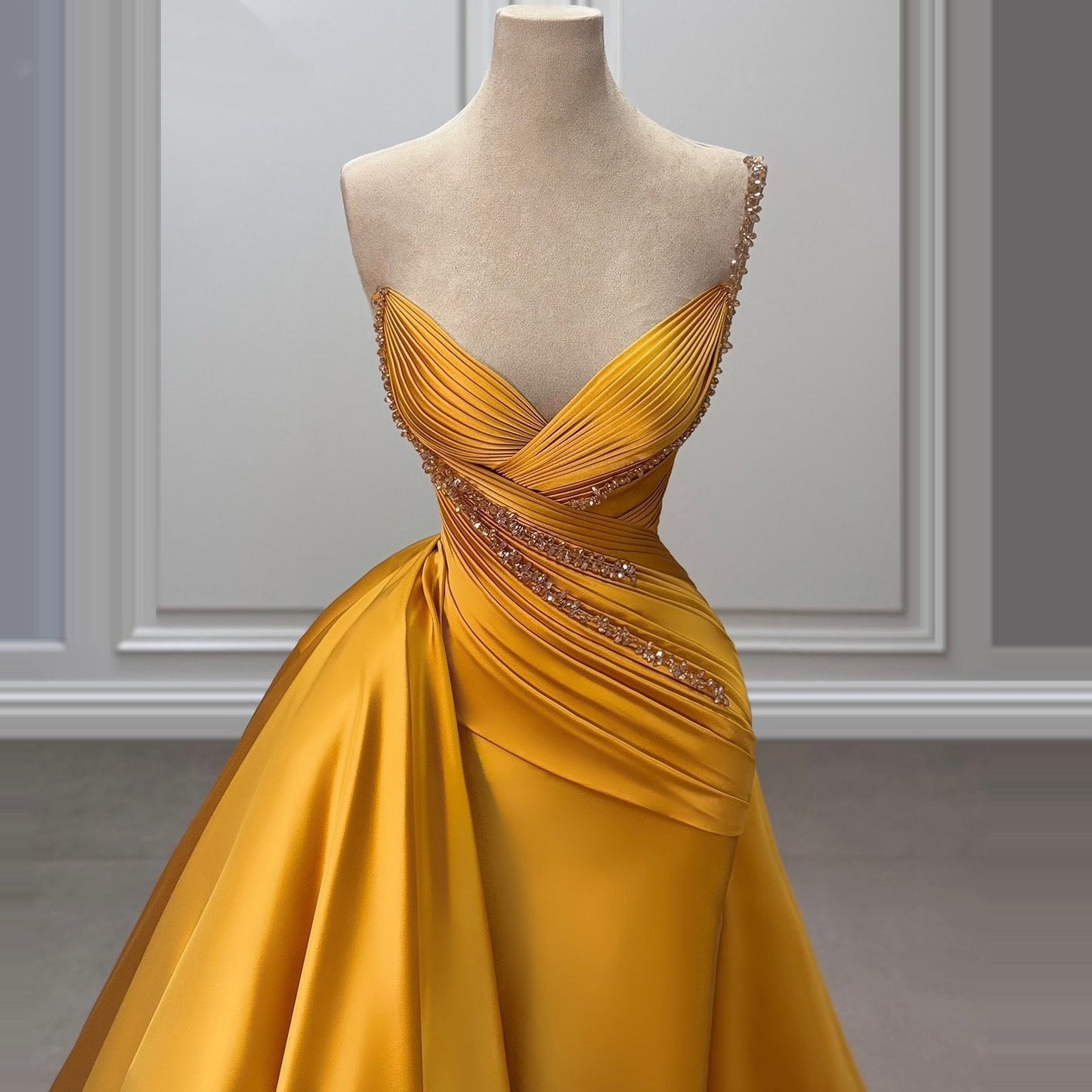 Glam One Shoulder Sheath Evening Dress Beading Pleated Satin Prom Dress AP6415