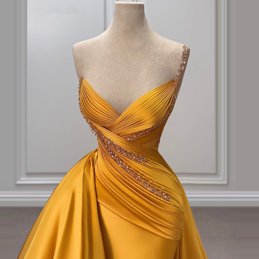 Glam One Shoulder Sheath Evening Dress Beading Pleated Satin Prom Dress AP6415