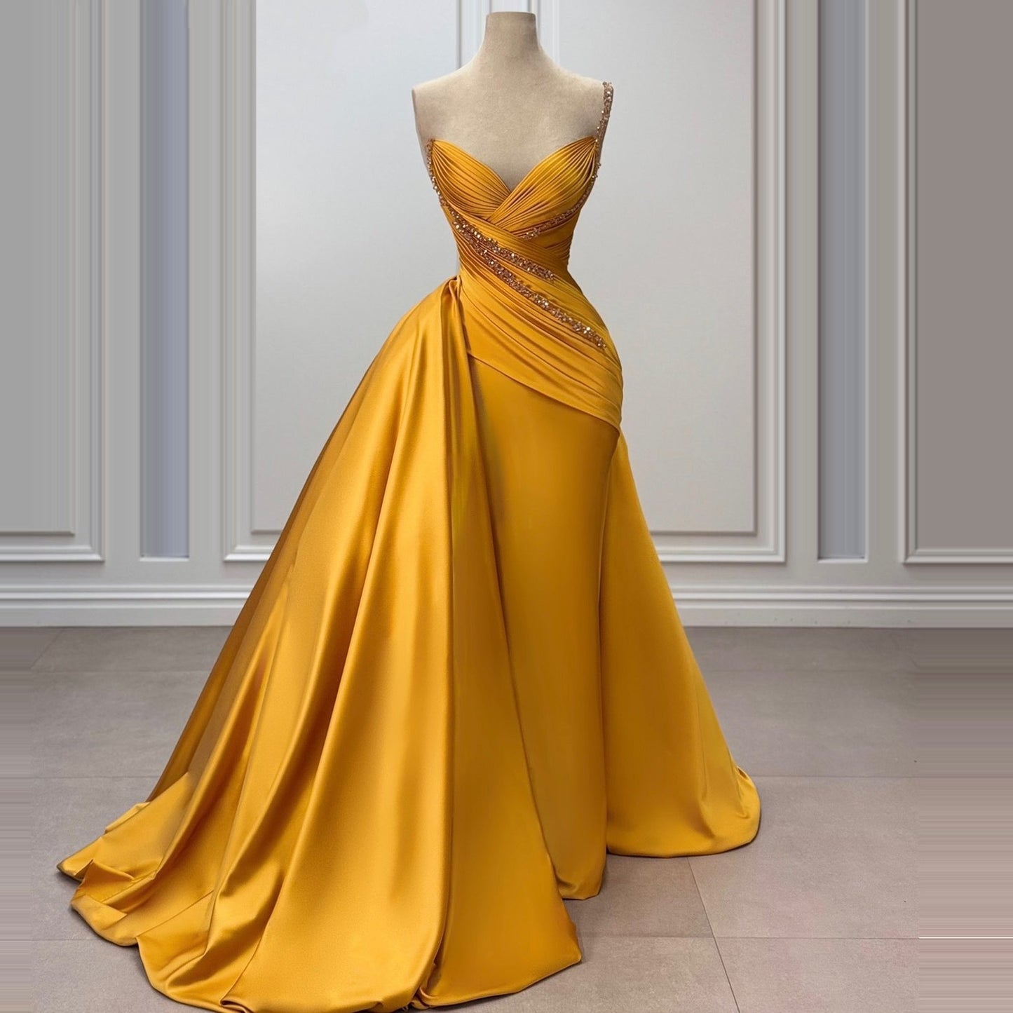 Glam One Shoulder Sheath Evening Dress Beading Pleated Satin Prom Dress AP6415
