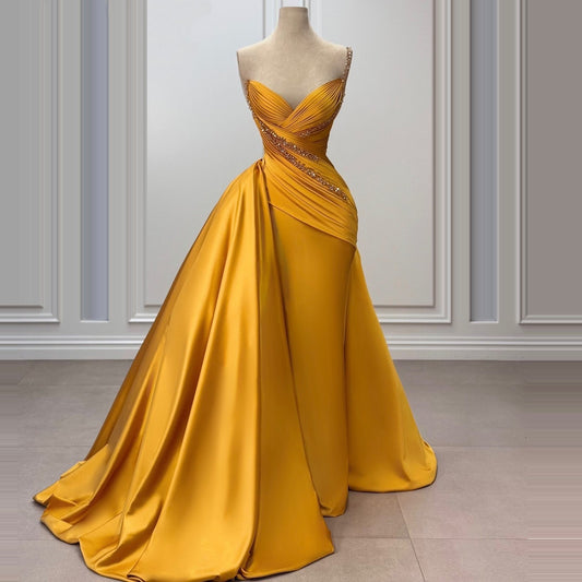 Glam One Shoulder Sheath Evening Dress Beading Pleated Satin Prom Dress AP6415
