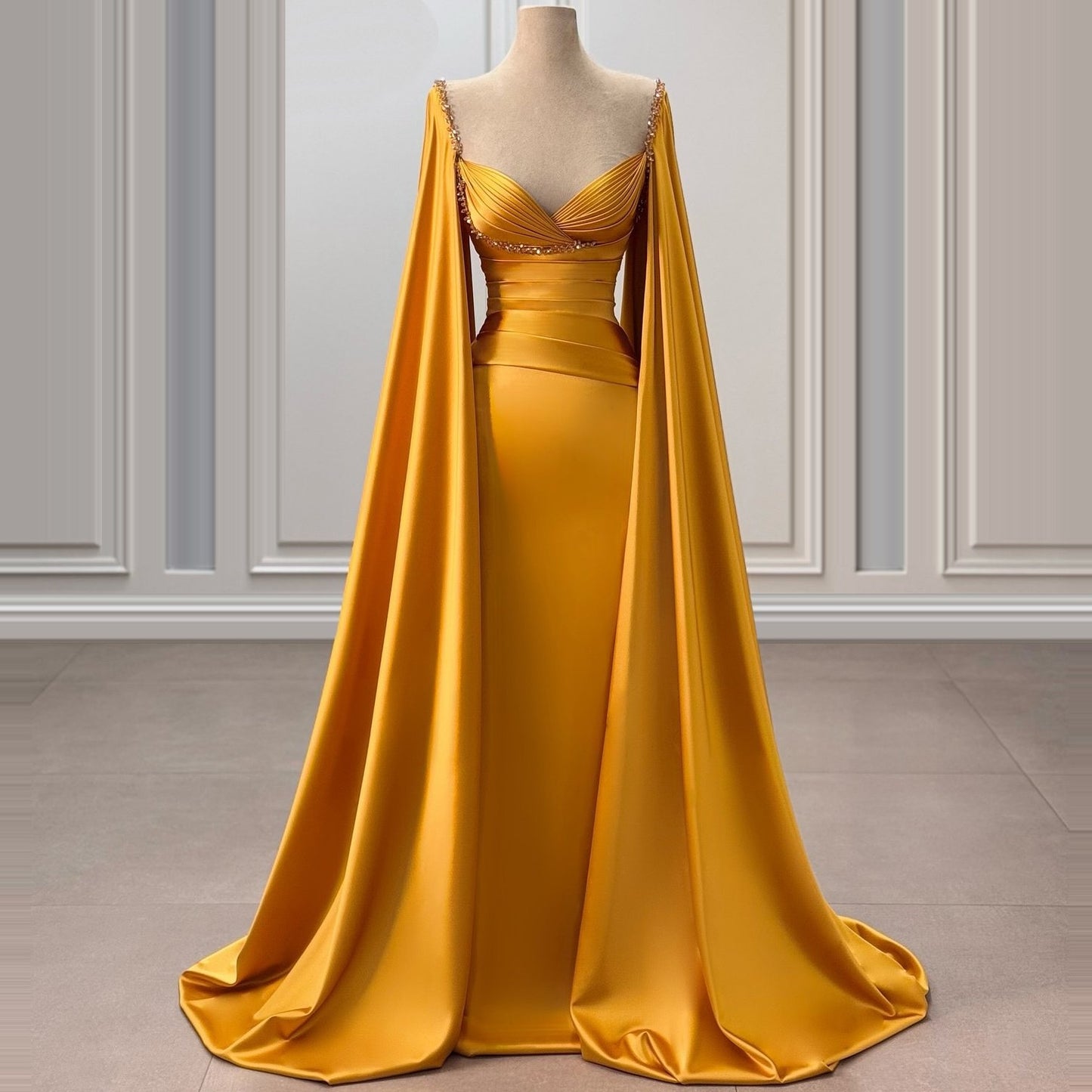 Glamorous Sweetheart Neck Long Sleeve Beading Evening Dress Sheath Pleated Satin Prom Dress AP6416
