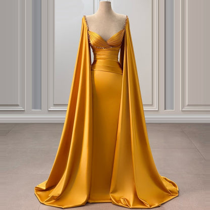 Glamorous Sweetheart Neck Long Sleeve Beading Evening Dress Sheath Pleated Satin Prom Dress AP6416