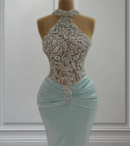 Fashionable Halter Neck Mermaid Evening Dresses Rhinestones Beading Prom Dress AP6421