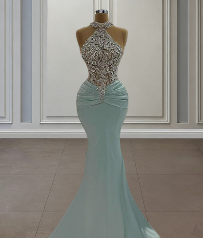 Fashionable Halter Neck Mermaid Evening Dresses Rhinestones Beading Prom Dress AP6421
