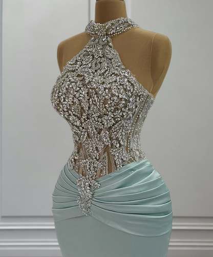 Fashionable Halter Neck Mermaid Evening Dresses Rhinestones Beading Prom Dress AP6421