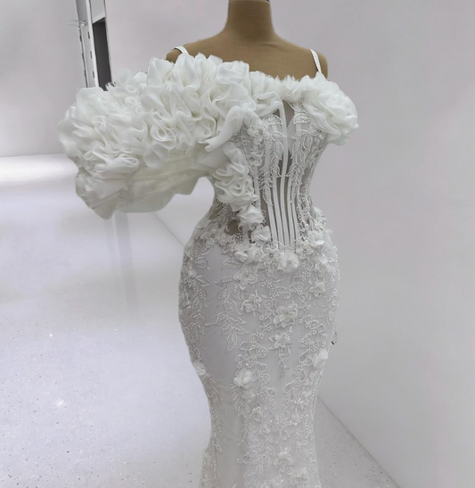French Style Spaghetti Strap Ruffles Mermaid Bridal Gowns Beading Appliques Wedding Dress AP6422