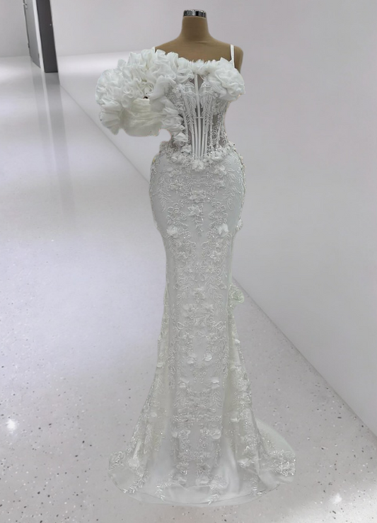 French Style Spaghetti Strap Ruffles Mermaid Bridal Gowns Beading Appliques Wedding Dress AP6422