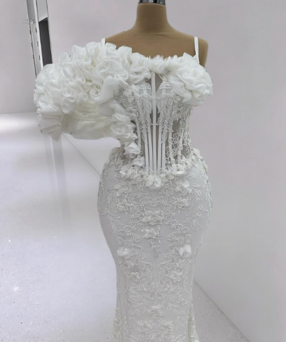 French Style Spaghetti Strap Ruffles Mermaid Bridal Gowns Beading Appliques Wedding Dress AP6422