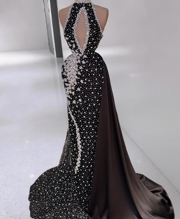 Minimalist Halter Neck Cutout Mermaid Evening Dresses Crystals Black Prom Dress AP6423