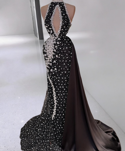 Minimalist Halter Neck Cutout Mermaid Evening Dresses Crystals Black Prom Dress AP6423