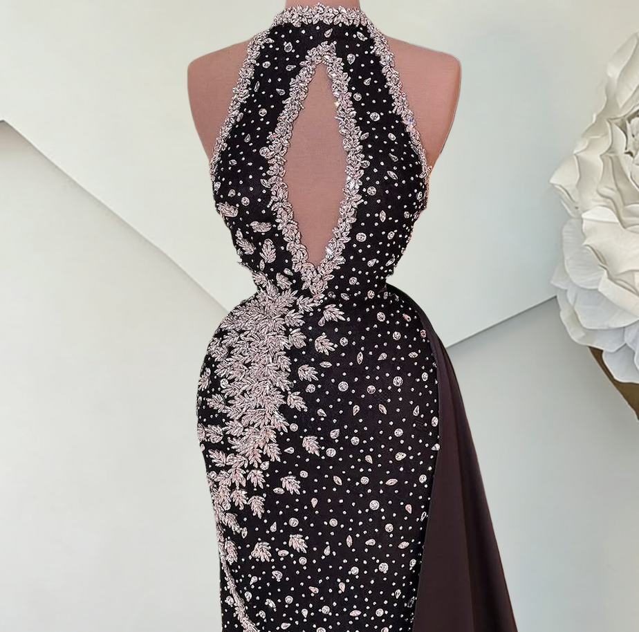 Minimalist Halter Neck Cutout Mermaid Evening Dresses Crystals Black Prom Dress AP6423
