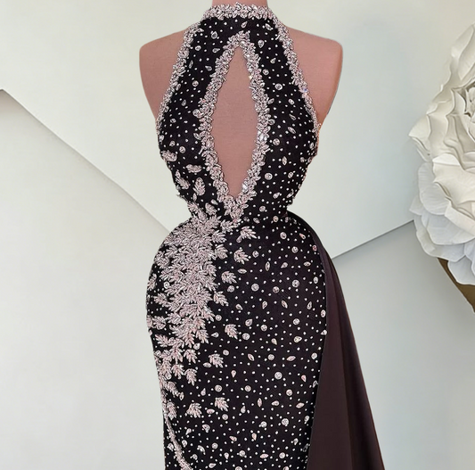 Minimalist Halter Neck Cutout Mermaid Evening Dresses Crystals Black Prom Dress AP6423