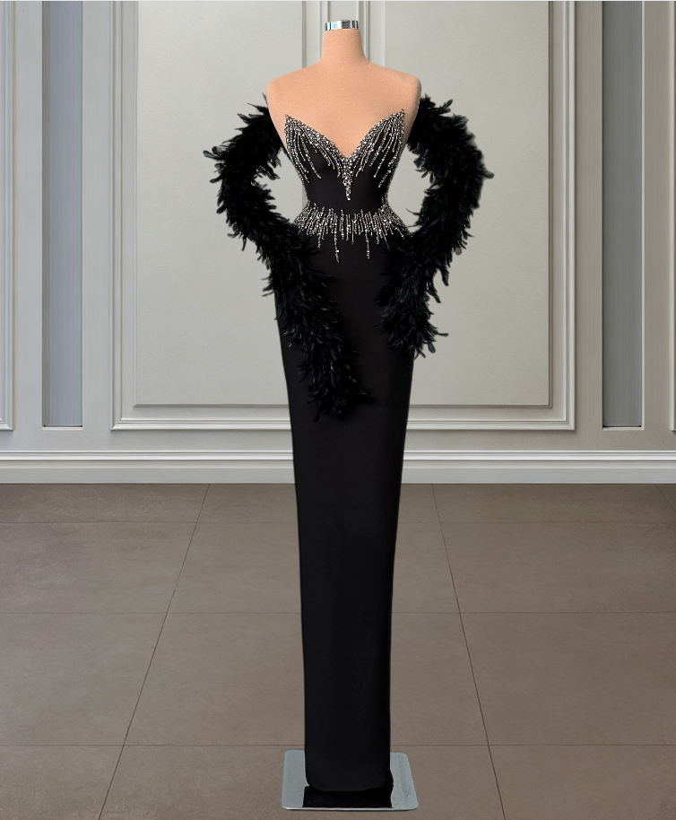 Simple Strapless Sheath Evening Dresses Black Beading Prom Dress AP6424