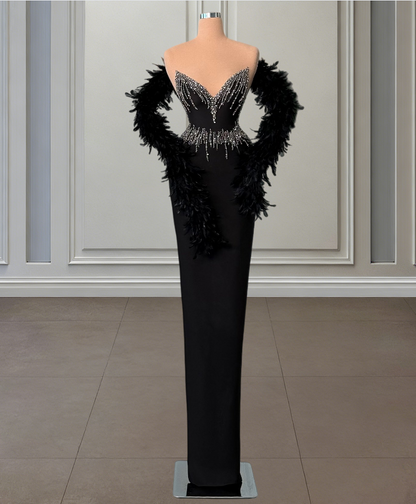 Simple Strapless Sheath Evening Dresses Black Beading Prom Dress AP6424