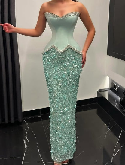 Vibrant Strapless Sheath Evening Dresses Beading Sequins Prom Dress AP6425