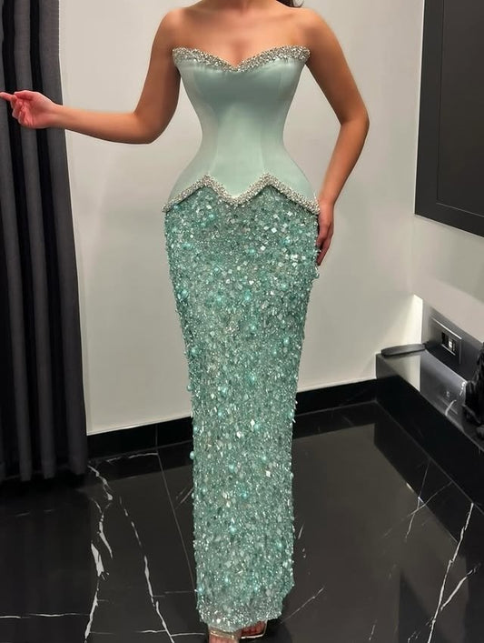 Vibrant Strapless Sheath Evening Dresses Beading Sequins Prom Dress AP6425