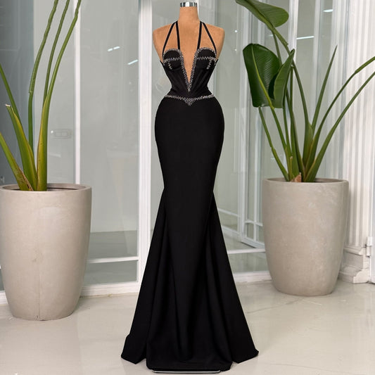 Charming Halter Neck Mermaid Evening Dresses Beading Black Prom Dress AP6426