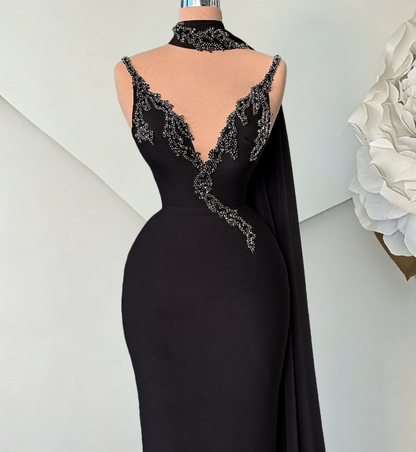 Sparkly Sheath Spaghetti Strap Evening Dress Beading Black Prom Dress AP6427