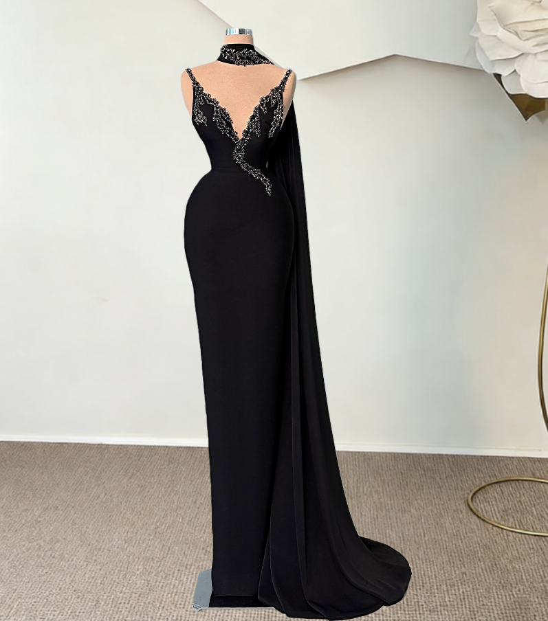 Sparkly Sheath Spaghetti Strap Evening Dress Beading Black Prom Dress AP6427