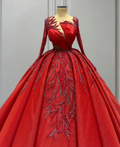 Adorable Illusion Neck Red A-Line Long Sleeve Sweet 16th Dresses Beads Sequins Prom Dress AP6428