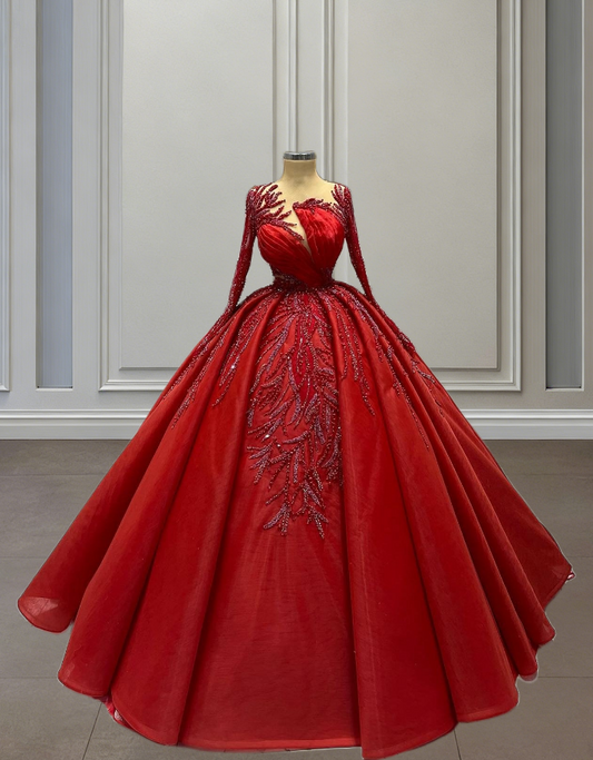 Adorable Illusion Neck Red A-Line Long Sleeve Sweet 16th Dresses Beads Sequins Prom Dress AP6428