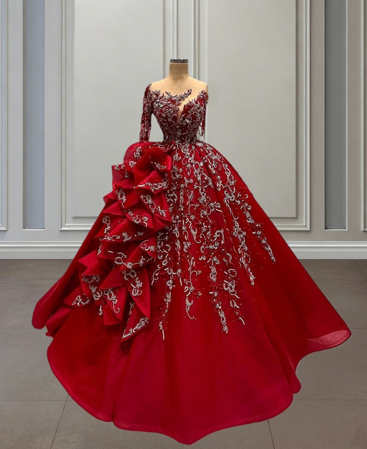 Playful One Shoulder Red A-Line Long Sleeve Sweet 16th Dresses Ruffles Appliques Beads Prom Dress AP6429