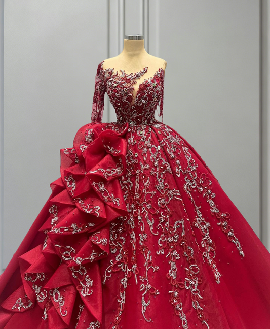 Playful One Shoulder Red A-Line Long Sleeve Sweet 16th Dresses Ruffles Appliques Beads Prom Dress AP6429