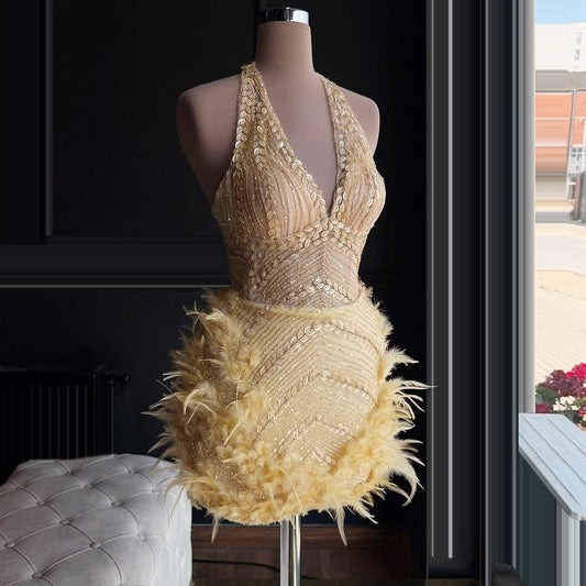 Dopamine Style Sheath Halter Neck Birthday Gowns Sequins Feather Homecoming Dress AP6431