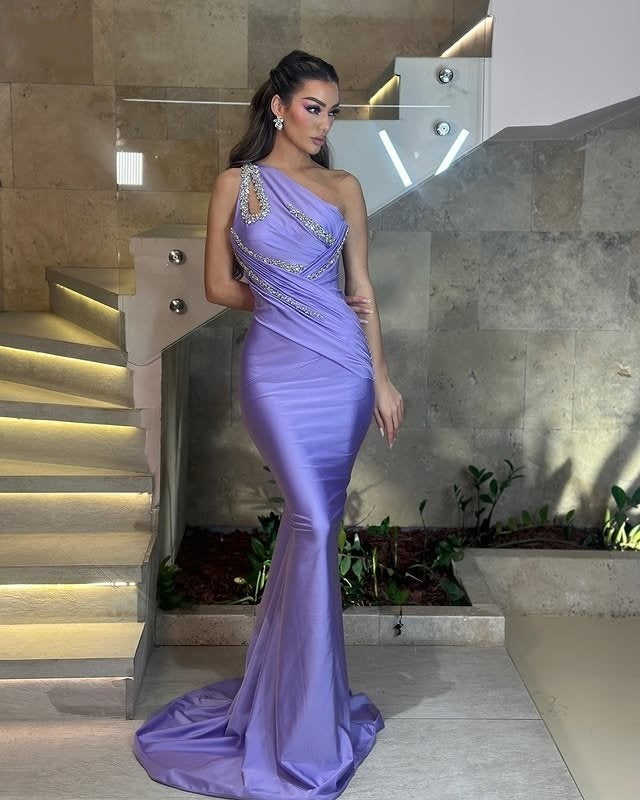 Stylish One Shoulder Cutout Evening Dress Sheath Beading Prom Dress AP6432