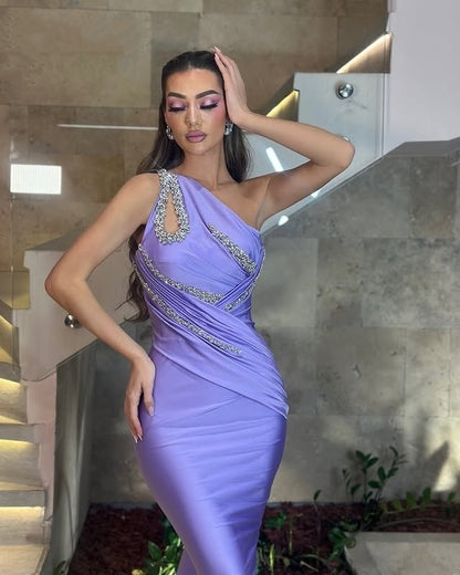 Stylish One Shoulder Cutout Evening Dress Sheath Beading Prom Dress AP6432